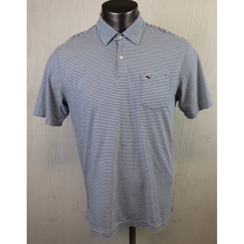 Mens Vineyard Vines Blue White Polo Shirt Pima Cotton Size L Short Sleeve
